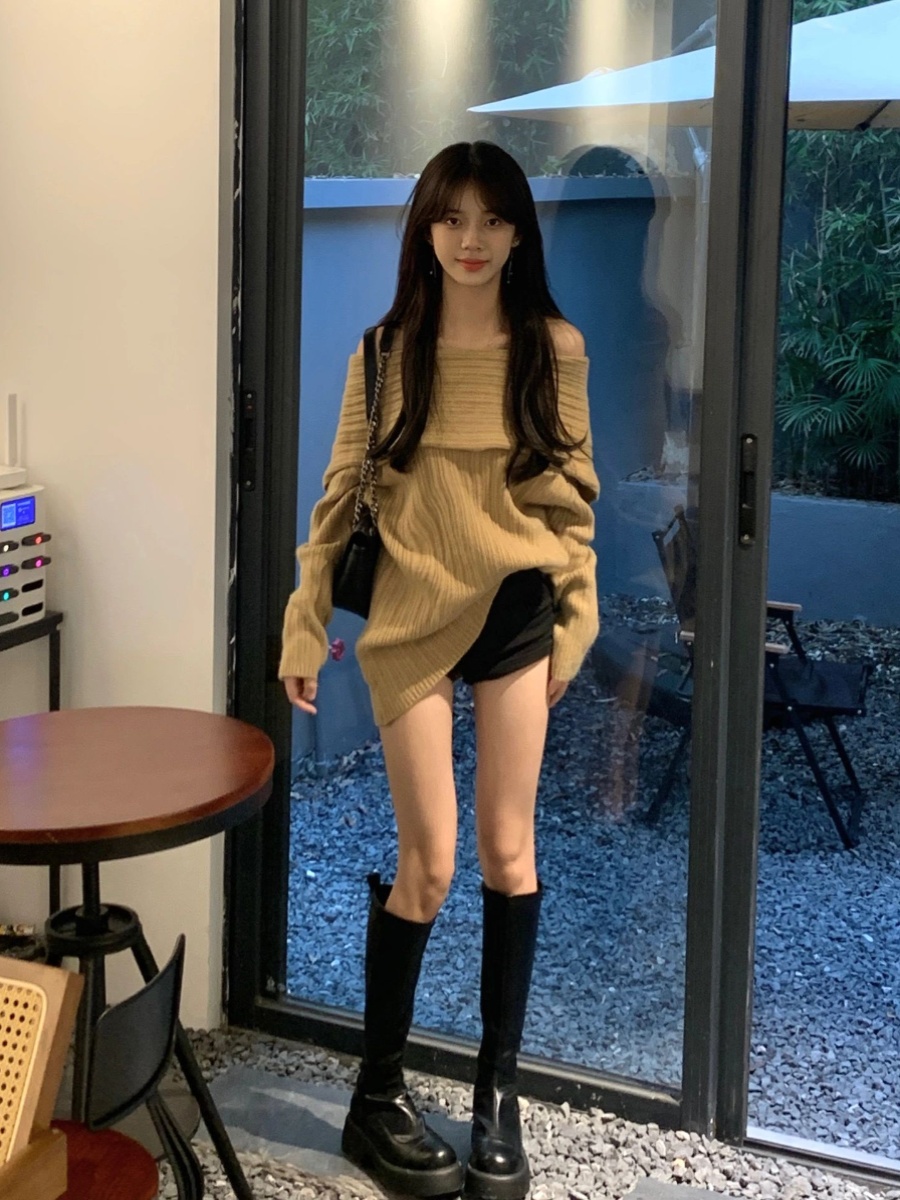 2024秋冬韓國新款高品質慵懶設計百搭一字肩毛衣女長款針織上衣
