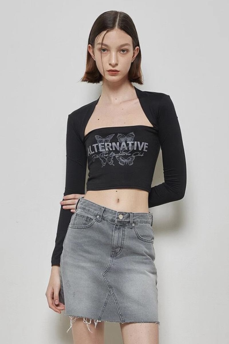 Official picture 6535 stretch cotton niche design retro butterfly long-sleeved T-shirt slim fit short style