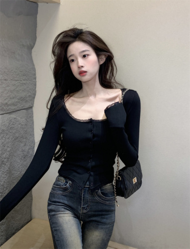 Actual shot~Square-neck buttoned lace splicing design with pure lust style and long-sleeved bottoming slim fit top