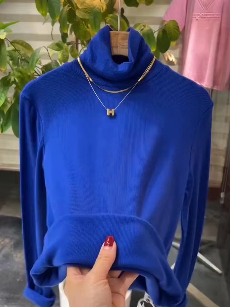 Bottoming shirt with coat and high collar for women, Klein blue autumn and winter chic and unique inner top, high-end and super good-looking