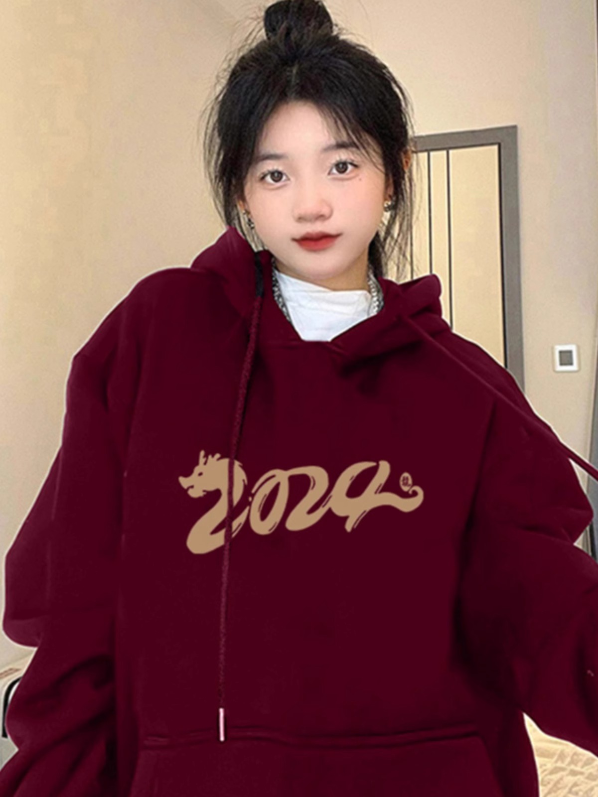 CVC cotton pasta wool Chinese cotton composite/milk silk 300g silver fox velvet 400g front printed hooded sweatshirt for women