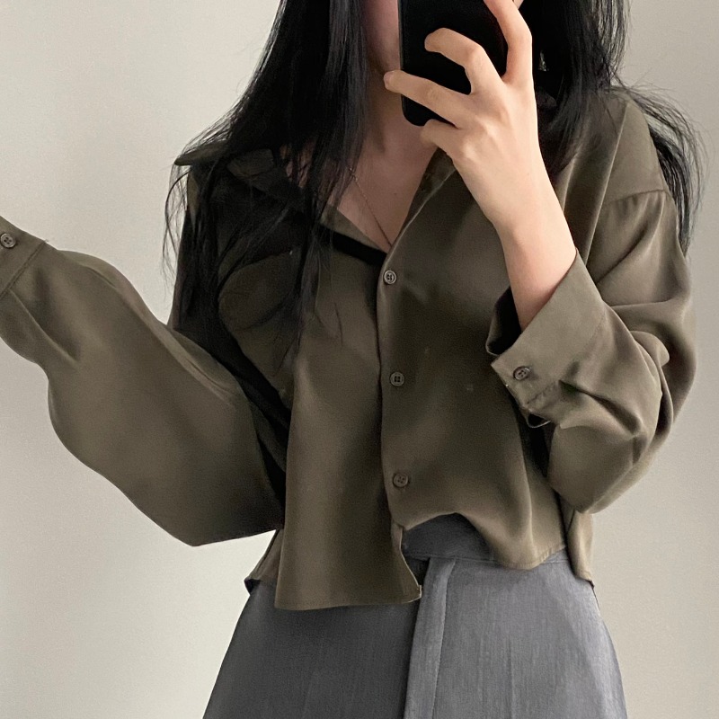 Korean chic retro style lapel fashion versatile design niche single-breasted shirt short top for women