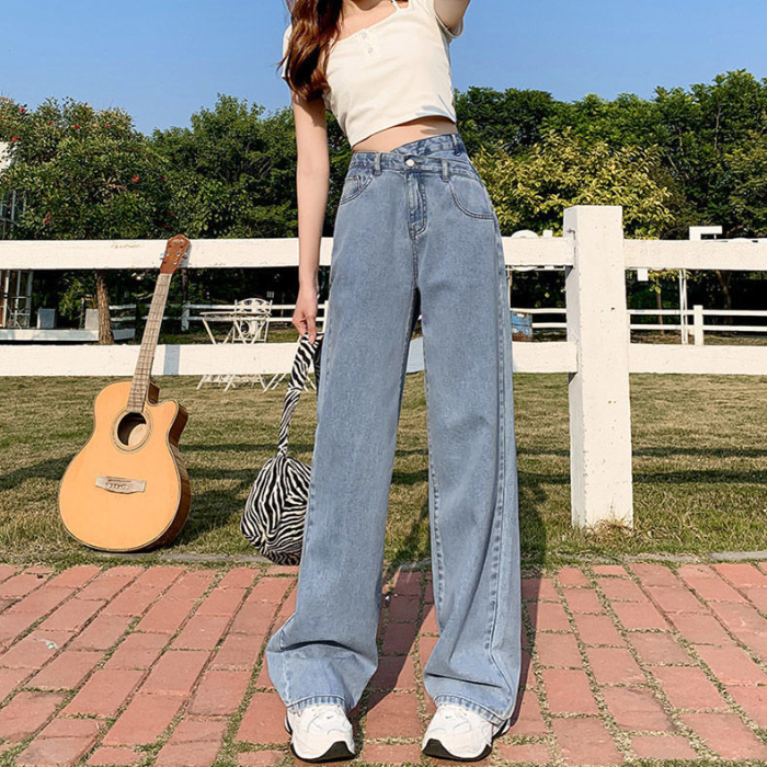 Korean style straight jeans for women 2023 spring and autumn new high-waisted slimming casual versatile wide-leg jeans