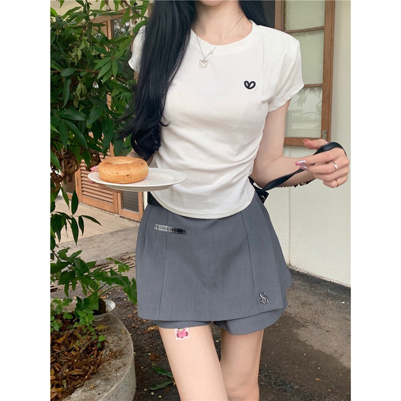 官圖 6535拉架棉 小眾愛心刺繡短袖T恤女2023夏季甜辣修身