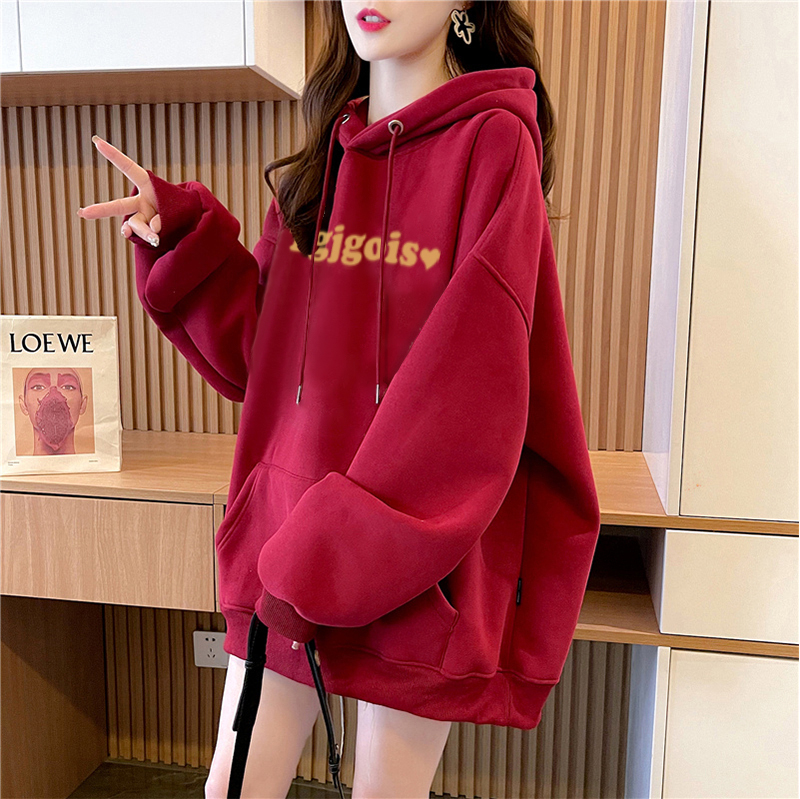 網圖 秋冬韓版寬鬆複合300克銀狐絨400克紅色拜年服加絨衛衣女