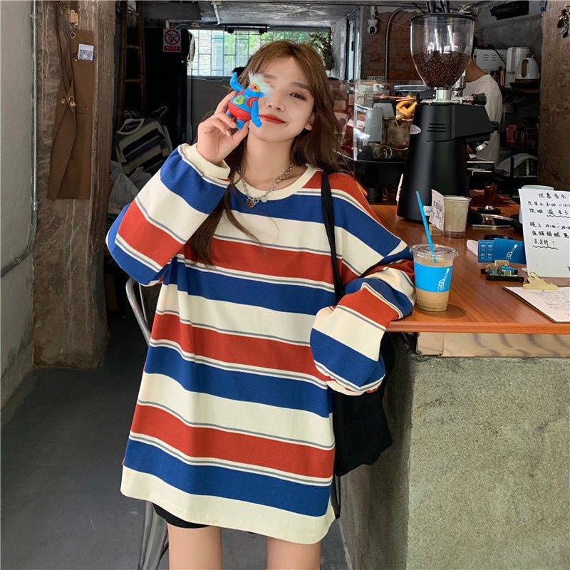 #Polyfish scale Korean style loose striped long-sleeved T-shirt female ins internet celebrity student versatile thin top