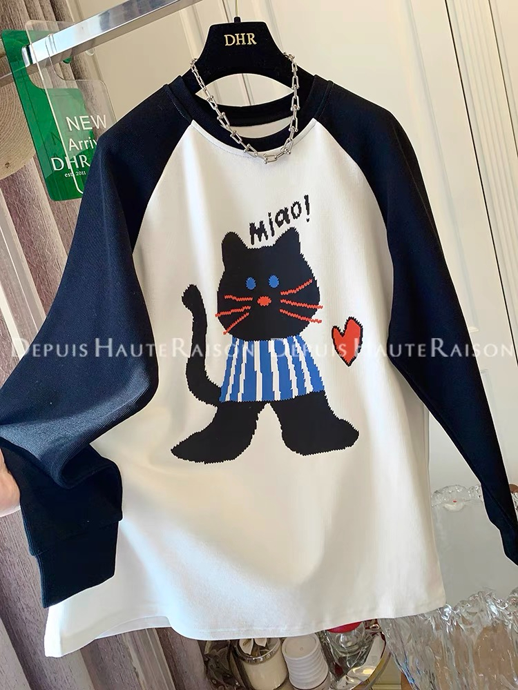 Official picture extra large size 300 pounds contrasting color raglan sleeves loose thickened brushed T-shirt tops for women winter