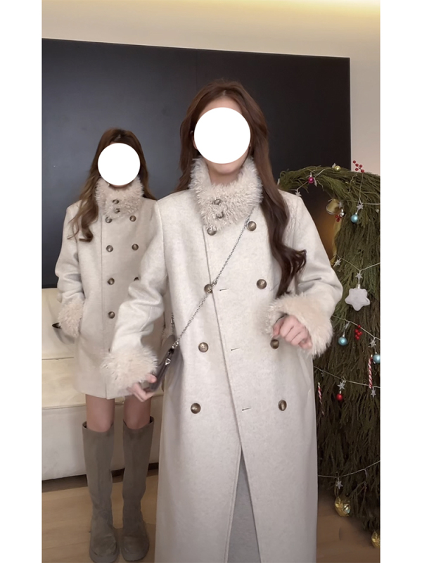 Girl's Queen Oatmeal apricot temperament stand-up collar small fragrant style mid-length winter single-sided woolen thick quilted jacket women's store