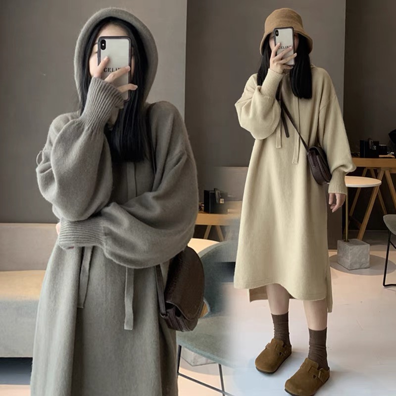 中長款連帽針織連衣裙女2023新款秋冬慵懶風寬鬆加厚毛衣裙打底女