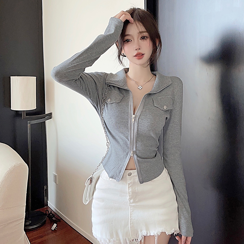 Real shot #Double zipper long-sleeved T-shirt autumn temperament slimming casual fashion bottoming POLO shirt new women's clothing