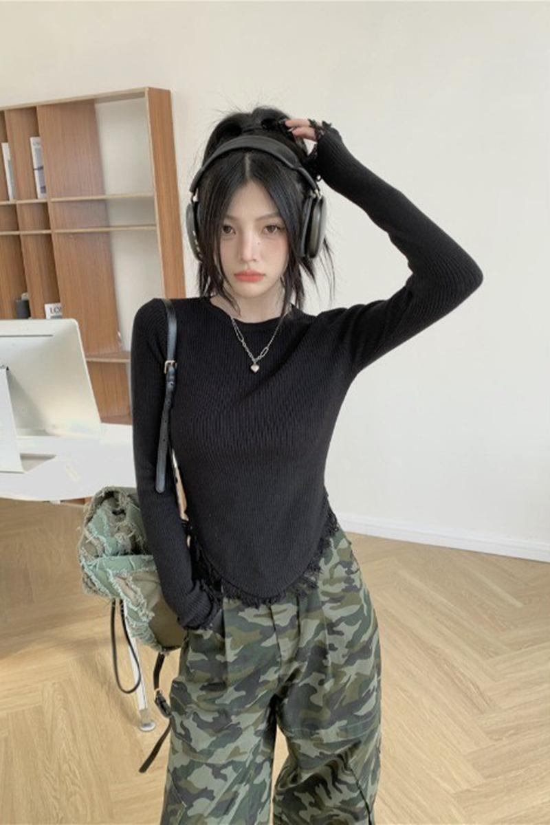 Official photo 260g pit brushed plush slim fit tassel design knitted top 2023 autumn new style