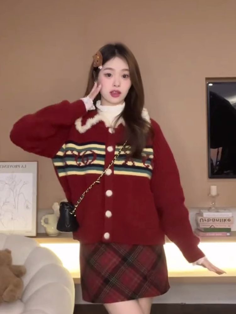 Sheep wool 2024 doll collar sweater jacket for women autumn and winter lazy style thickened knitted cardigan
