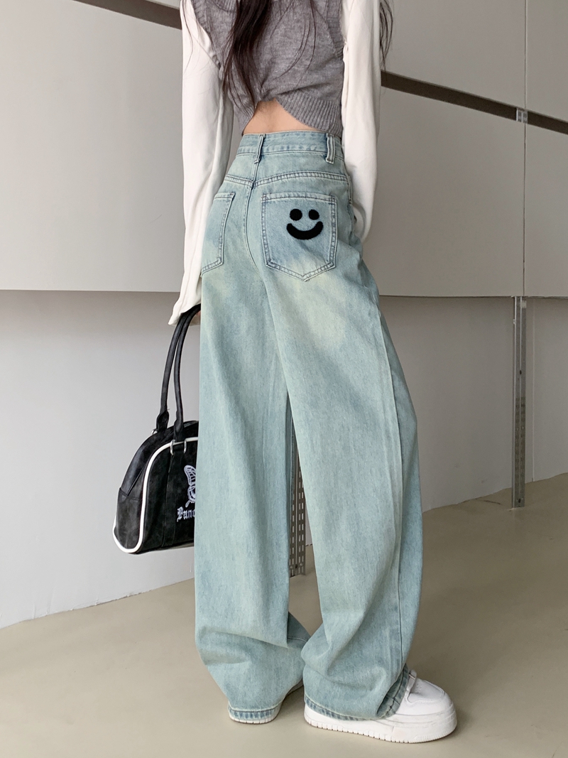 Actual shot #Loose straight denim trousers for women, high-waisted design, embroidered back pockets, narrow wide-leg floor-length trousers