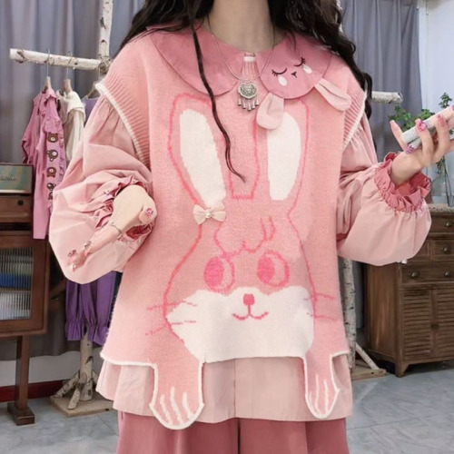 kumikumi甜美风卡通兔子刺绣针织马甲背心女装秋季宽松不规则上衣