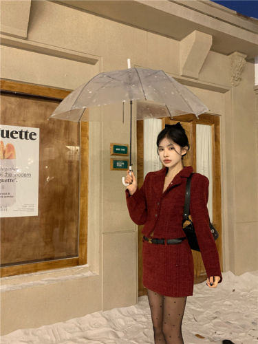 Actual shot ~ Padded red suit jacket, small fragrant suit, winter hip-covering skirt, women's two-piece set
