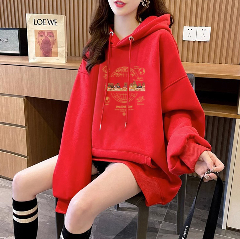 網圖 秋冬韓版寬鬆複合300克銀狐絨400克紅色拜年服加絨衛衣女