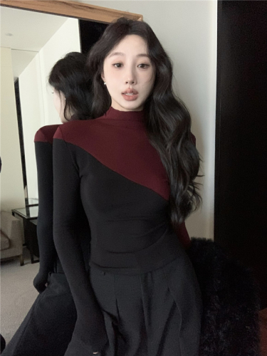 Real shot of chic half-turtle collar color-blocked bottoming shirt pullover long-sleeved T-shirt slim fit inner top