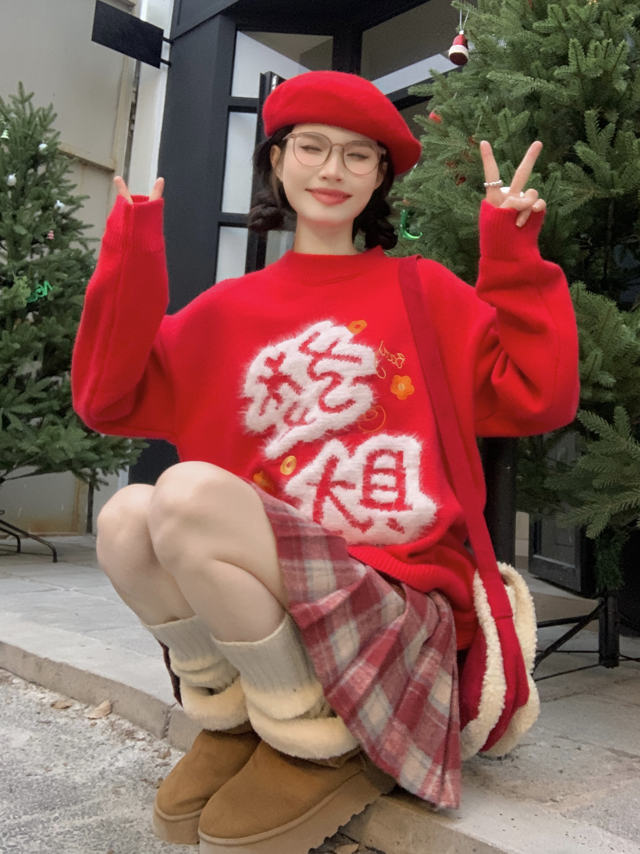 實拍新年紅喜慶發財毛衣女秋冬甜美法式軟糯套頭寬鬆長袖上衣