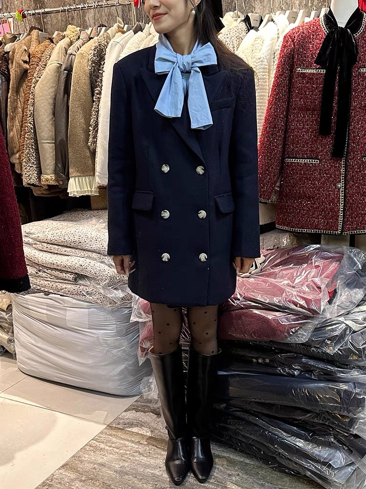 Korean style temperament bow stitching fake two-piece down suit skirt women's winter thickened double-breasted woolen dress