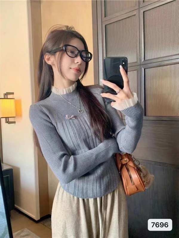 紅人館蝴蝶結毛衣女秋冬2023新款內搭設計高級感半高領針織打底衫