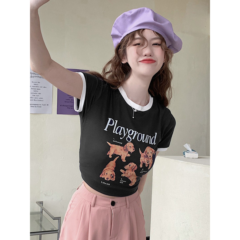 Official picture 6535 stretch cotton puppy letter printed T-shirt women's summer slim short bm style contrasting color