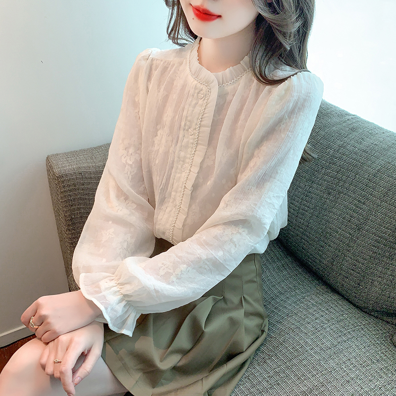 2024春季新款手工釘珠木耳邊立領雪紡襯衫女法式復古漂亮小衫上衣