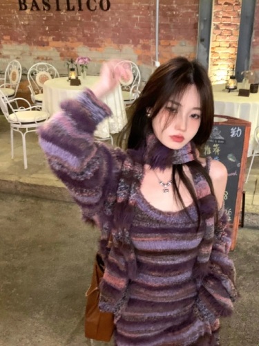 Pure Desire Purple Sweet Spicy Lazy Style Striped Cardigan Sweater Jacket Set Women's Autumn and Winter Knitted Dress Three-piece Set