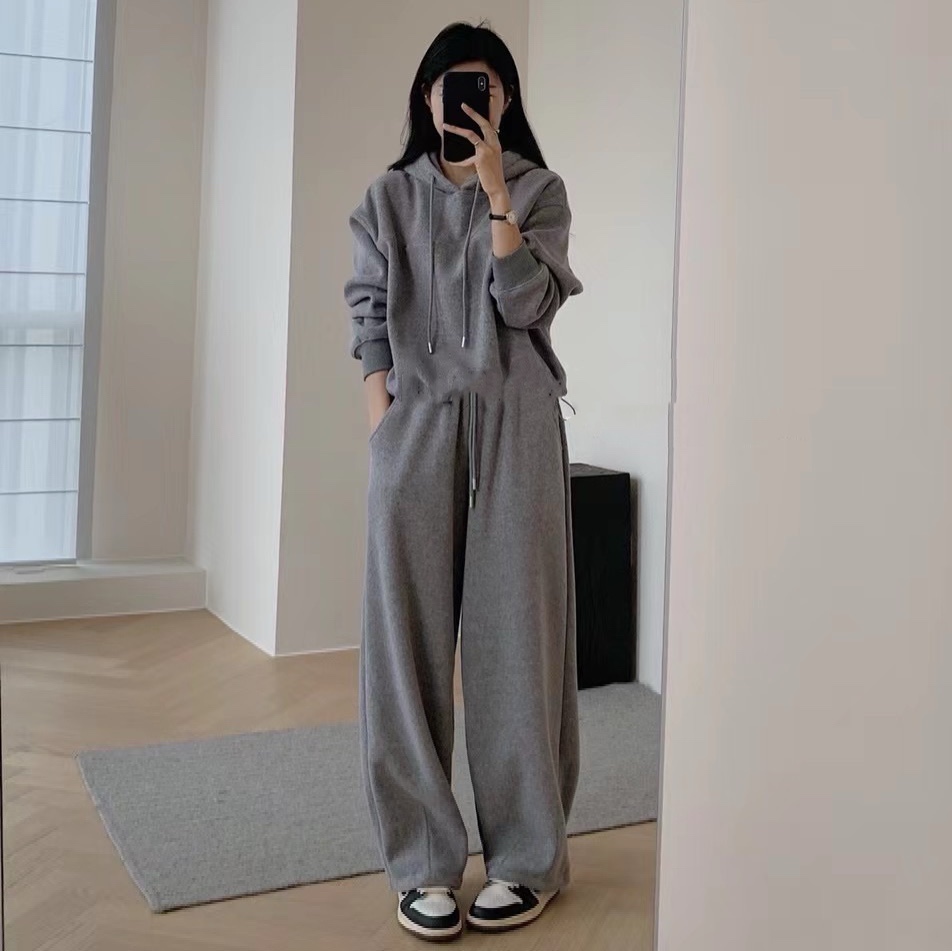 歐貨時尚休閒運動加絨衛衣套裝女冬季小個子連帽上衣衛褲兩件套潮