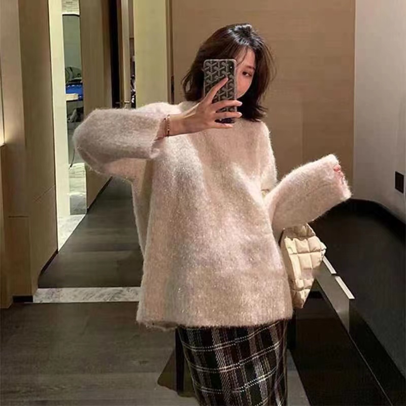 小個子亮絲毛衣女2023冬季寬鬆外穿慵懶風復古加厚套頭針織衫上衣