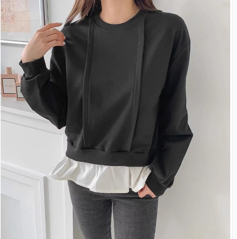 2024 South Korea Dongdaemun Spring New Women's Round Neck Simple Contrast Color Splicing Edge Comfortable and Versatile Personalized Sweater