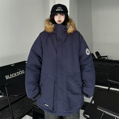 Real shot#Navy blue pie jacket women's  winter Korean version thickened workwear large fur collar cotton jacket trend