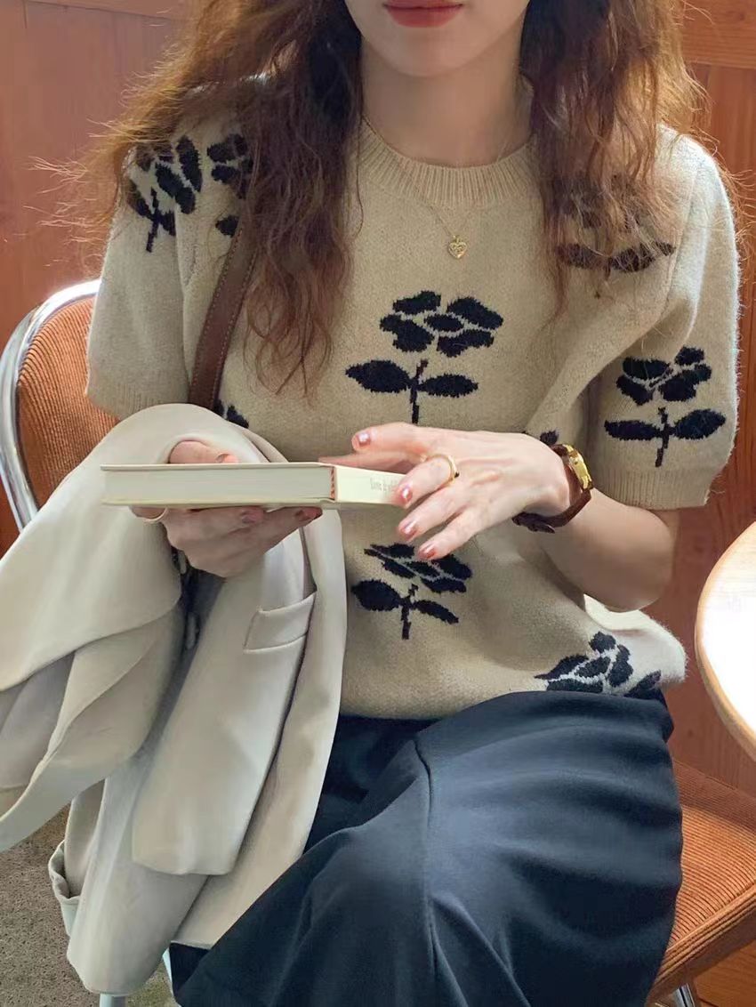 韓系復古寬鬆慵懶風撞色花朵短袖針織衫女秋冬溫柔打底毛衣上衣