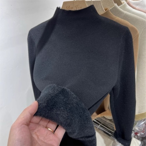 Fleece-lined thickened one-piece fleece half-high-neck knit sweater for women,  autumn/winter new mink fleece slim-fit base sweater