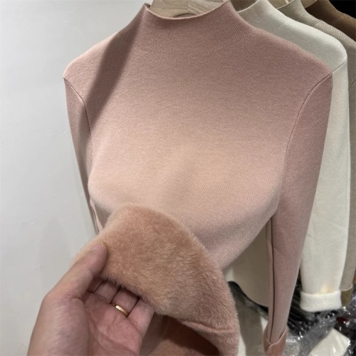 Fleece-lined thickened one-piece fleece half-high-neck knit sweater for women,  autumn/winter new mink fleece slim-fit base sweater