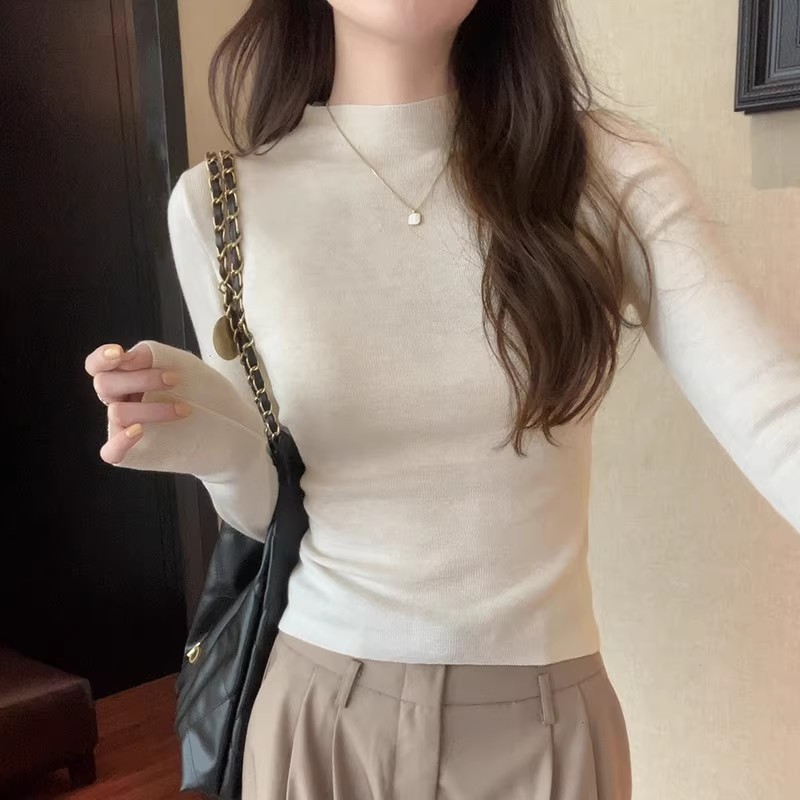 半高領針織打底衫女2023新款秋冬季修身毛衣內搭別致絕美長袖上衣