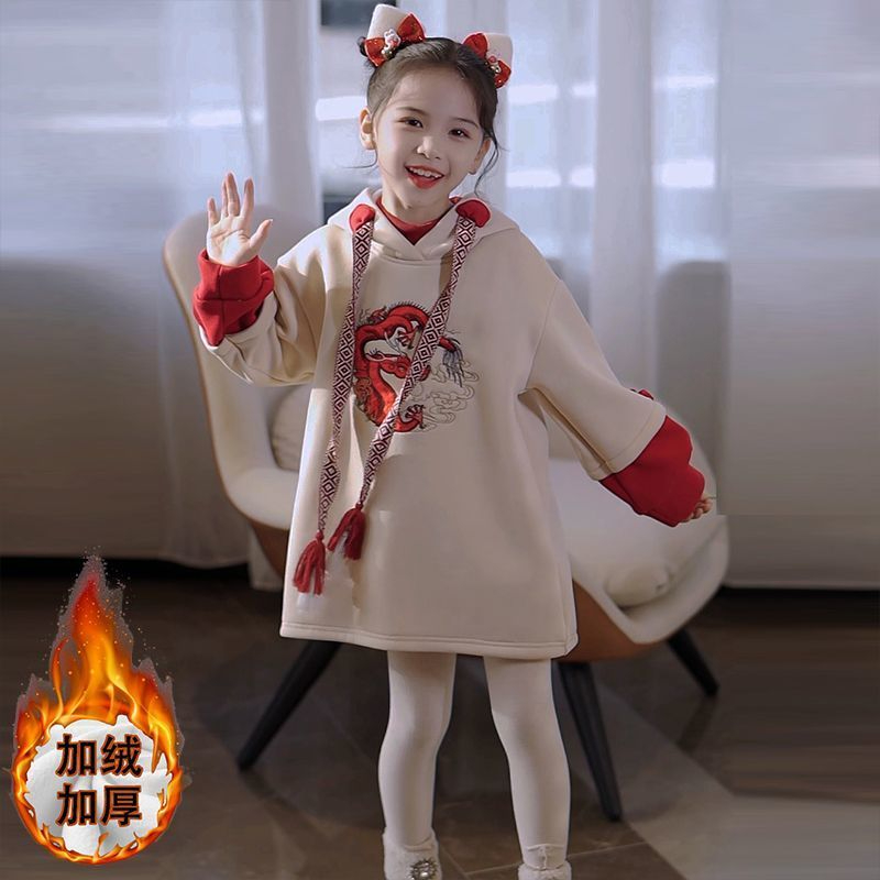 女童秋冬加絨連衣裙2023新款冬季拜年服加厚冬裝兒童衛衣裙童裝潮