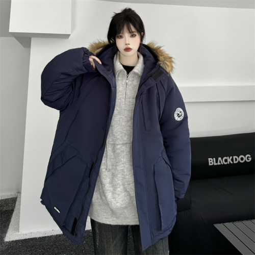 Real shot#Navy blue pie jacket women's  winter Korean version thickened workwear large fur collar cotton jacket trend