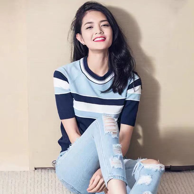 薄款修身條紋冰絲針織衫女時尚套頭小香風短袖撞色打底t恤上衣夏