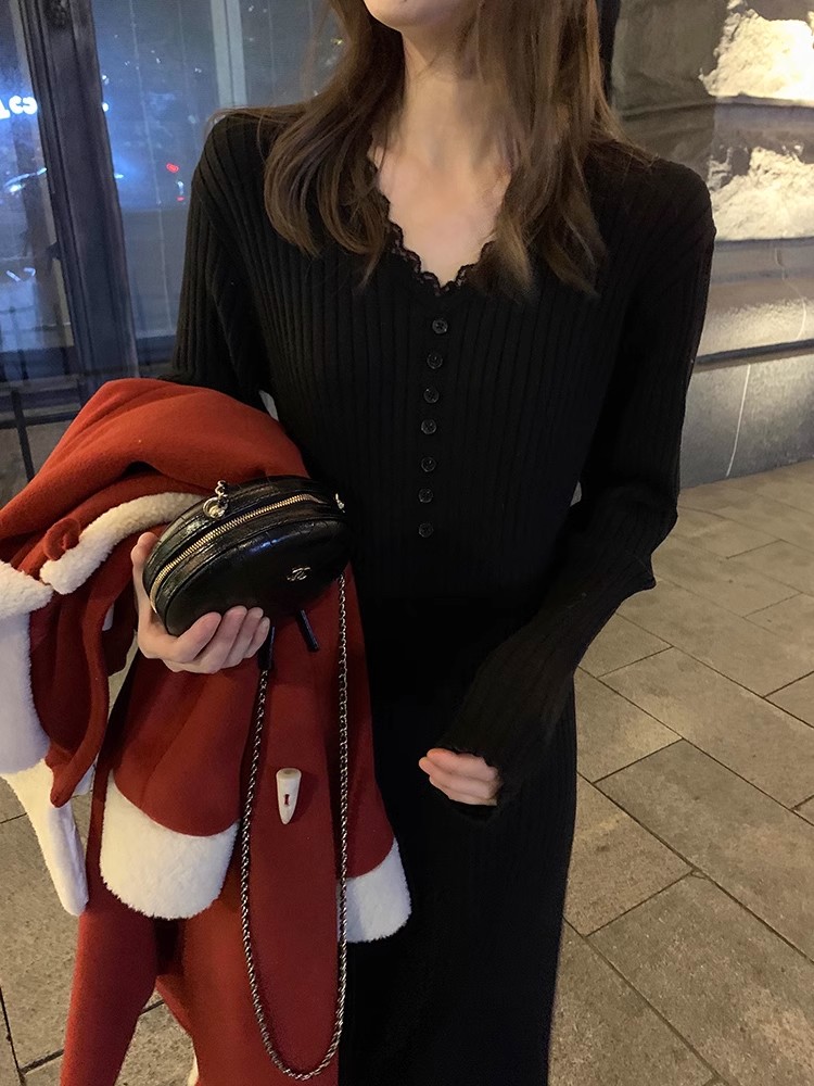 小香風v領修身針織連衣裙女秋冬新款內搭配大衣裙子小個子毛衣裙