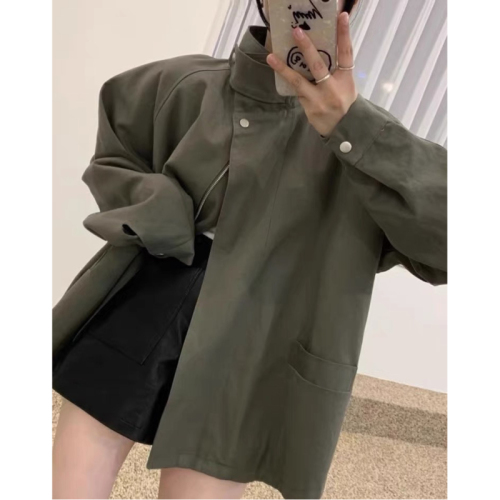 2024 spring Korean chi niche stand-up collar cape design with large pockets, loose and versatile long-sleeved windbreaker jacket for women