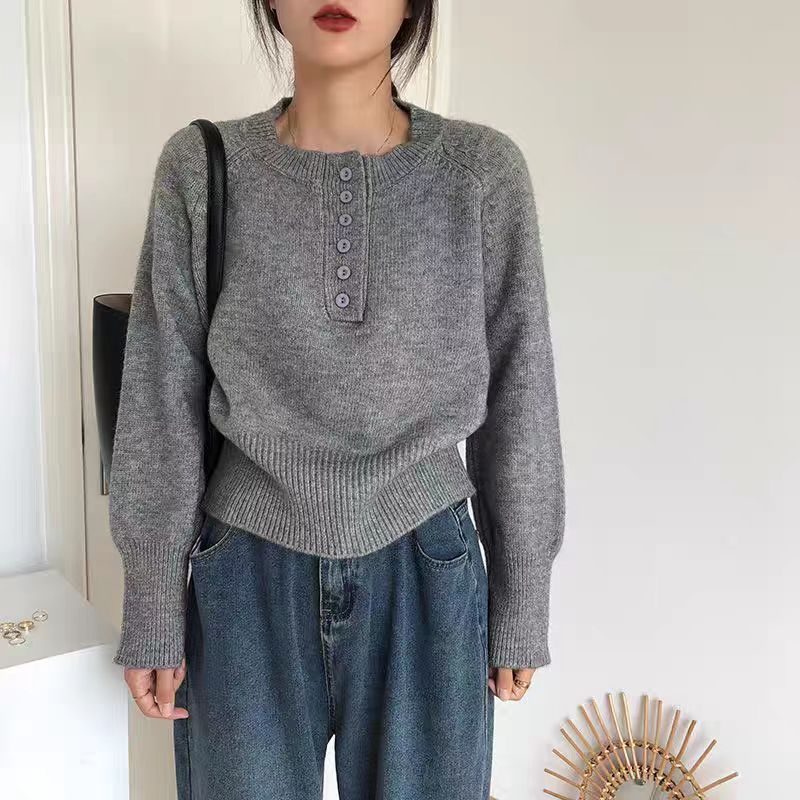 圓領套頭毛衣女2023秋冬設計感小眾寬鬆洋氣小個子減齡別致針織衫