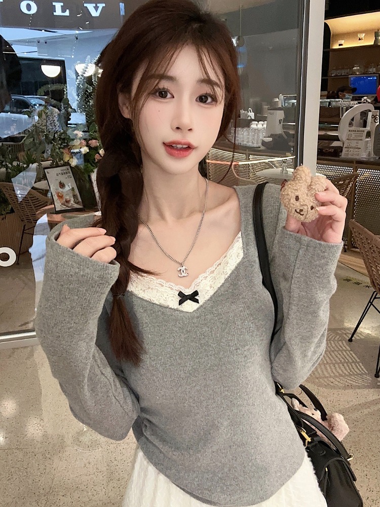 蕾絲拼接針織T恤女秋冬茶歇法式內搭修身短款別致絕美打底衫上衣