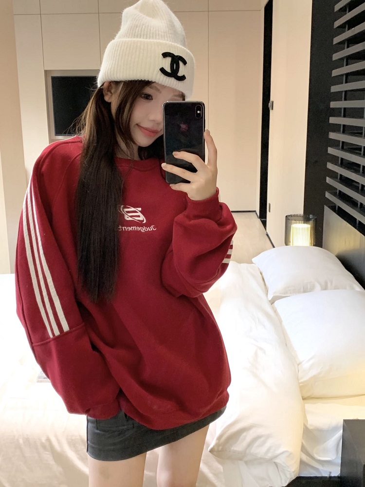 實拍 美式復古三條槓圓領衛衣冬季新款情侶寬鬆加絨休閒套頭上衣