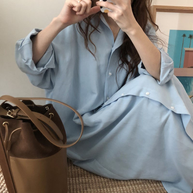 2024春裝韓國慵懶風簡約時尚超長款過膝襯衣女裝純色翻領開衫襯衫