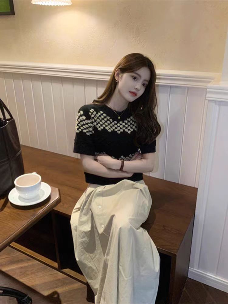 鈎花針織短袖毛衣女秋裝女2023年新款設計感小眾高級感超好看上衣