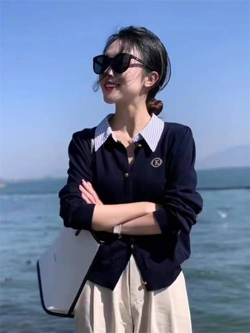 2023秋冬新款假兩件polo領毛衣外套女短款針織開衫洋氣百搭上衣潮