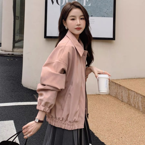 2024 Spring Leather Pink Baseball Jacket Korean Style Sweet Loose Casual College Style Jacket Top