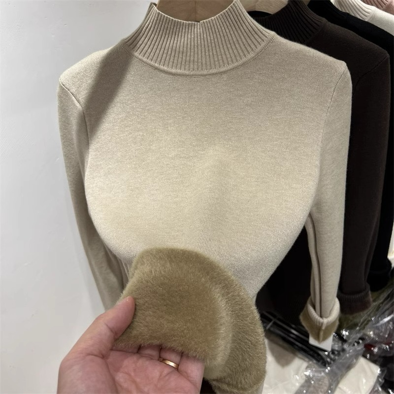 半高領一體絨針織衫毛衣女秋冬加絨保暖中領打底衫內搭長袖上衣厚
