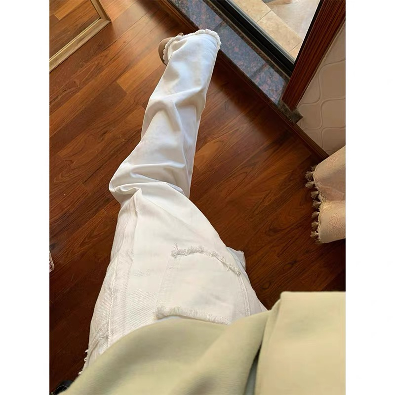 美式高街白色毛邊高腰牛仔褲女秋冬寬鬆闊腿休閒百搭直筒拖地褲潮