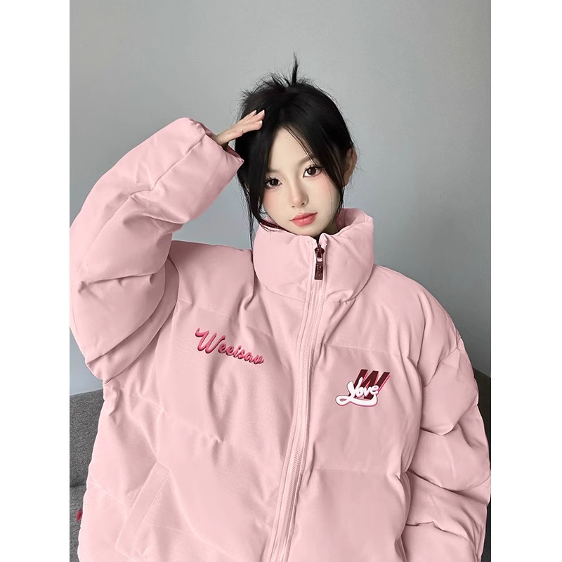 High-quality PU leather cotton jacket with hand-stuffed cotton and thickened winter new style loose printed cotton jacket for women